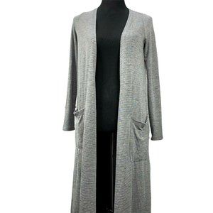 LuLaRoe Sarah Duster Sweater NWT size S Gray Black Stripe Pockets Thin Knit Long